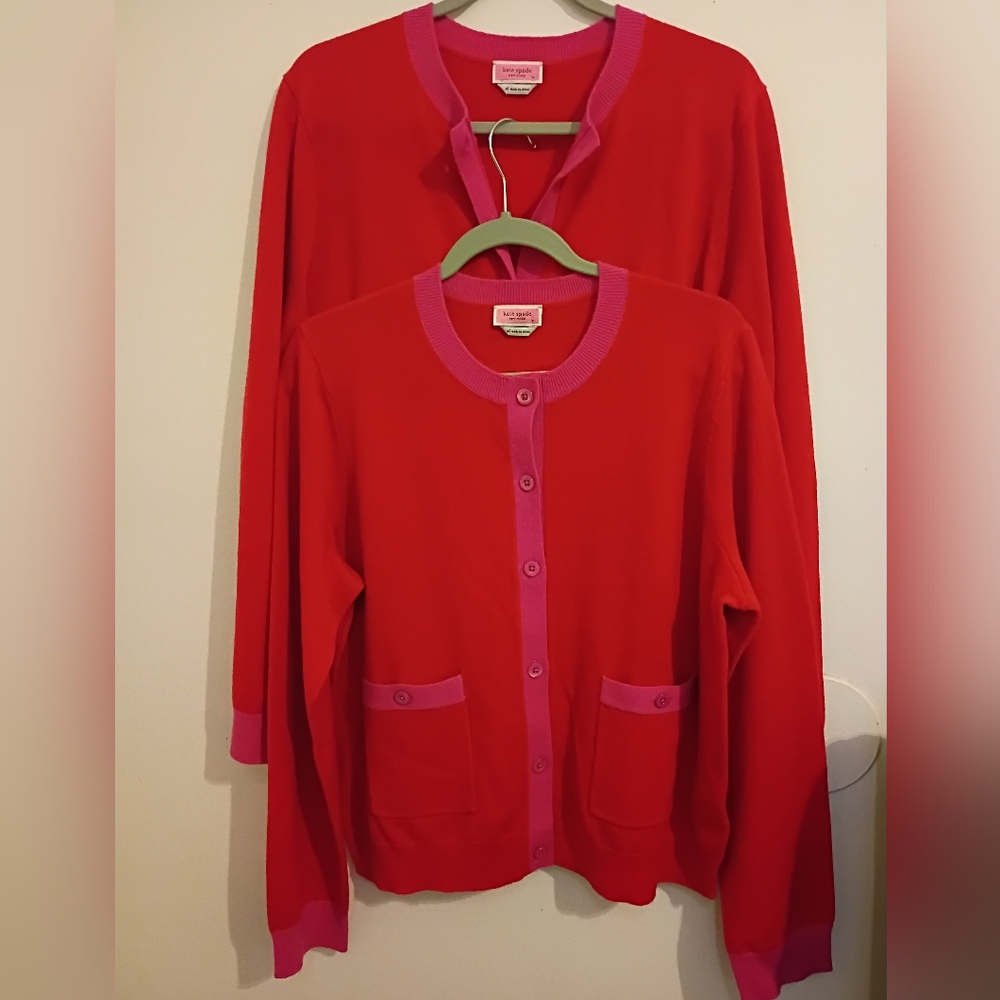 2 Kate Spade Red and Pink Color Block Cardigans‎ 100% Cashmere Sz XL NWOT